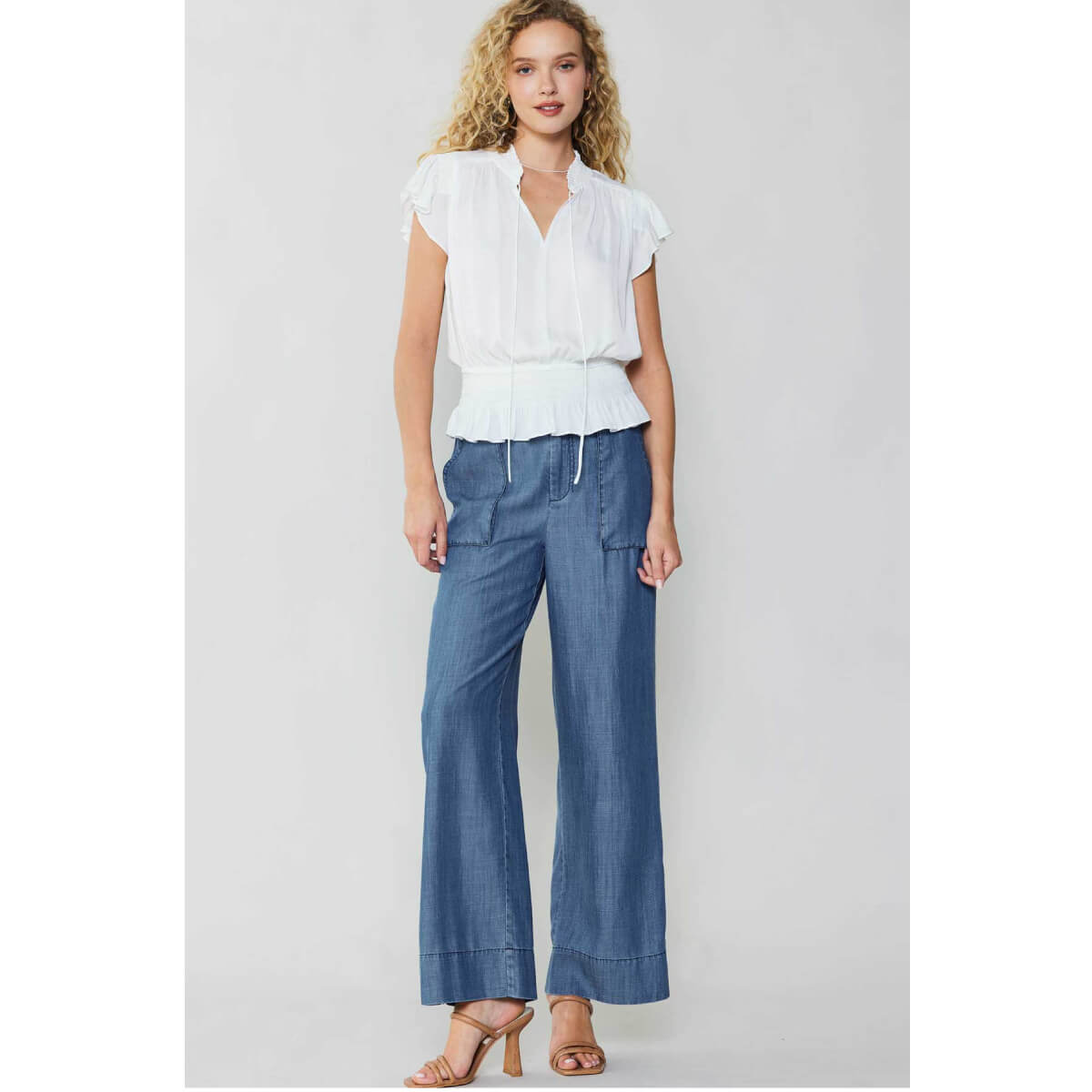 Smocking Waist Flutter Sleeve Blouse white front | MILK MONEY milkmoney.co | cute tops for women. trendy tops for women. cute blouses for women. stylish tops for women. pretty womens tops.