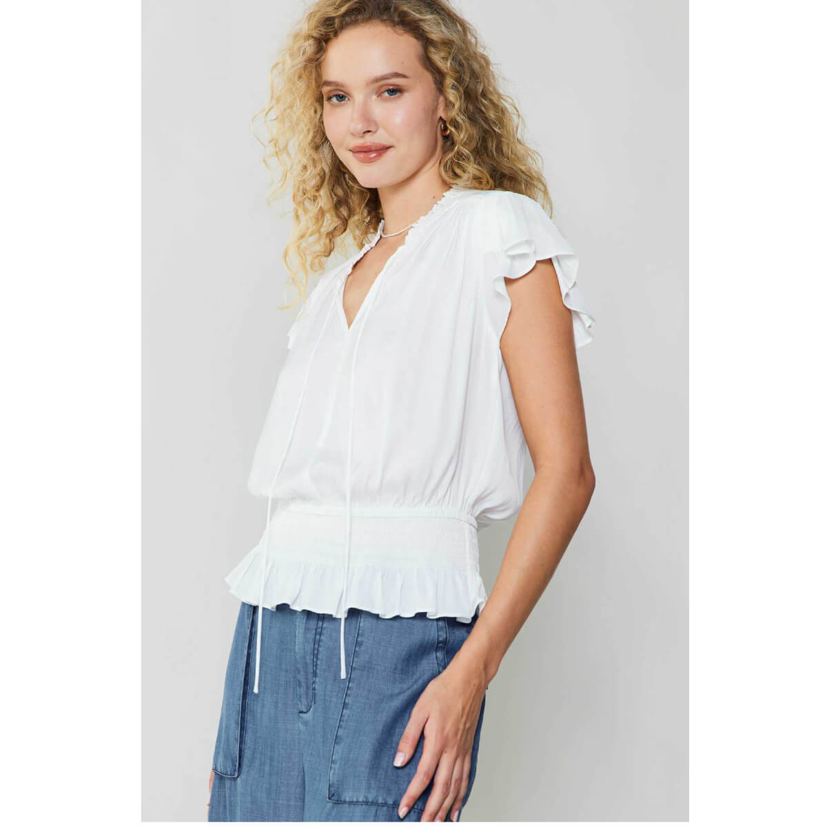 Smocking Waist Flutter Sleeve Blouse white side | MILK MONEY milkmoney.co | cute tops for women. trendy tops for women. cute blouses for women. stylish tops for women. pretty womens tops.