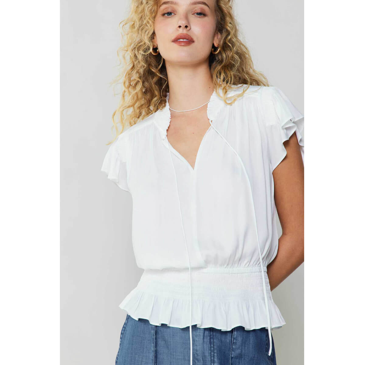 Smocking Waist Flutter Sleeve Blouse white front | MILK MONEY milkmoney.co | cute tops for women. trendy tops for women. cute blouses for women. stylish tops for women. pretty womens tops.