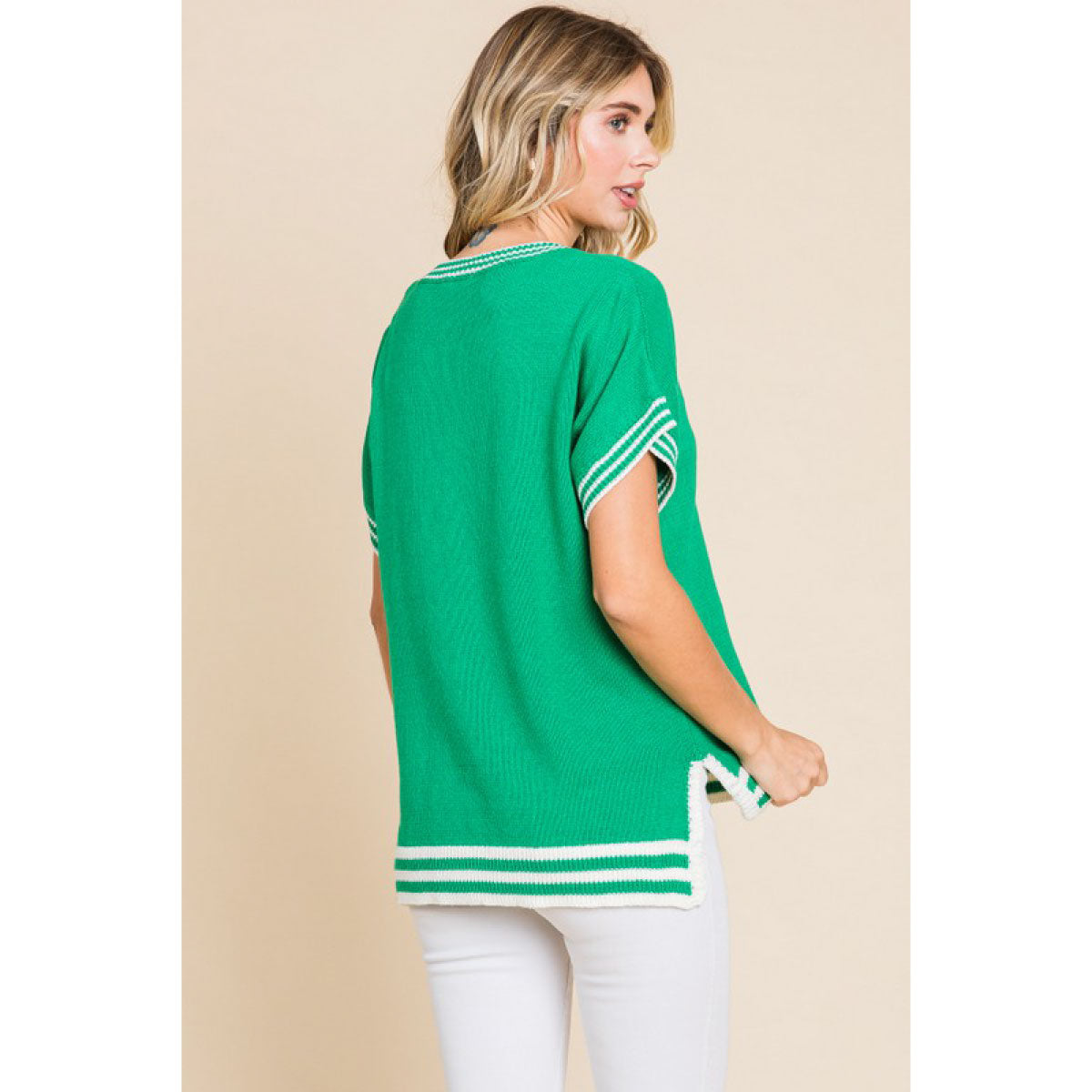 Solid Knit Top with Striped Hemline green back | MILK MONEY milkmoney.co | cute tops for women. trendy tops for women. cute blouses for women. stylish tops for women. pretty womens tops.