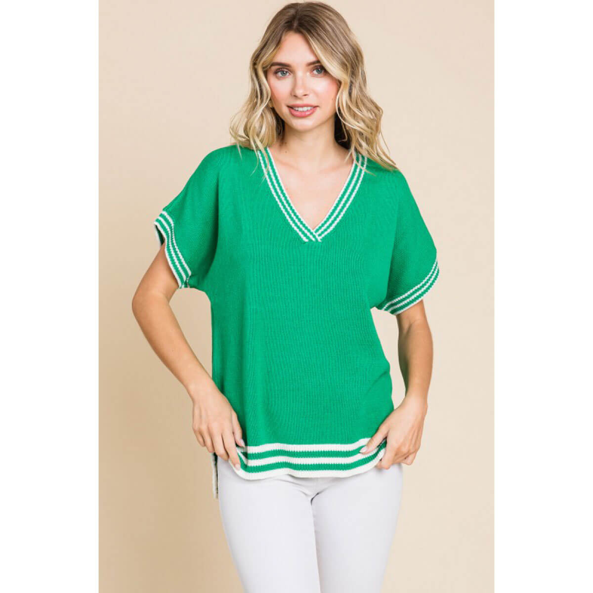 Solid Knit Top with Striped Hemline green front | MILK MONEY milkmoney.co | cute tops for women. trendy tops for women. cute blouses for women. stylish tops for women. pretty womens tops.