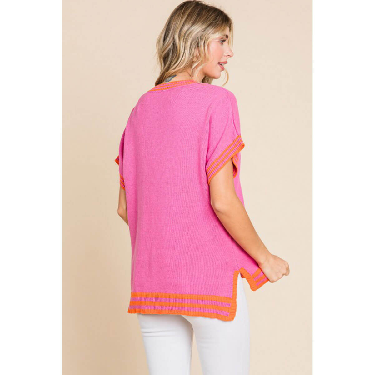 Solid Knit Top with Striped Hemline pink back| MILK MONEY milkmoney.co | cute tops for women. trendy tops for women. cute blouses for women. stylish tops for women. pretty womens tops.