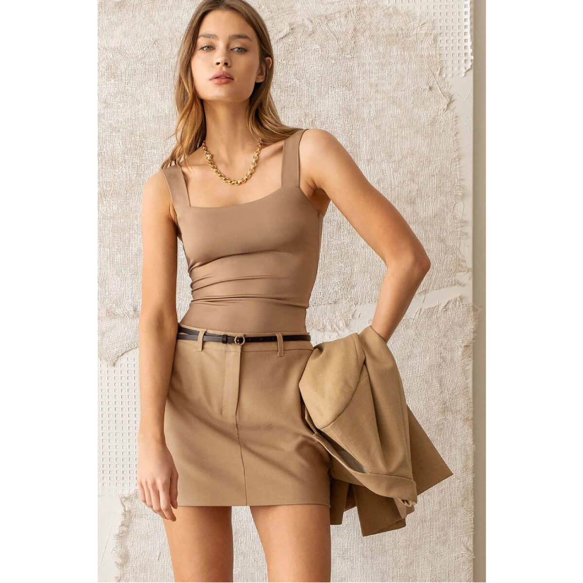 maxi brown wedding guest dress Solid Square Neck Tank Top, Large / Dusty Brick