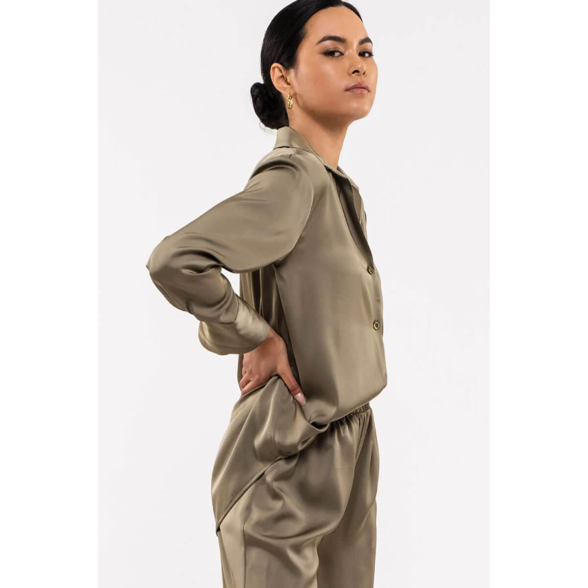 Solid Stain Button Up Blouse olive side | MILK MONEY milkmoney.co | cute tops for women. trendy tops for women. cute blouses for women. stylish tops for women. pretty womens tops.