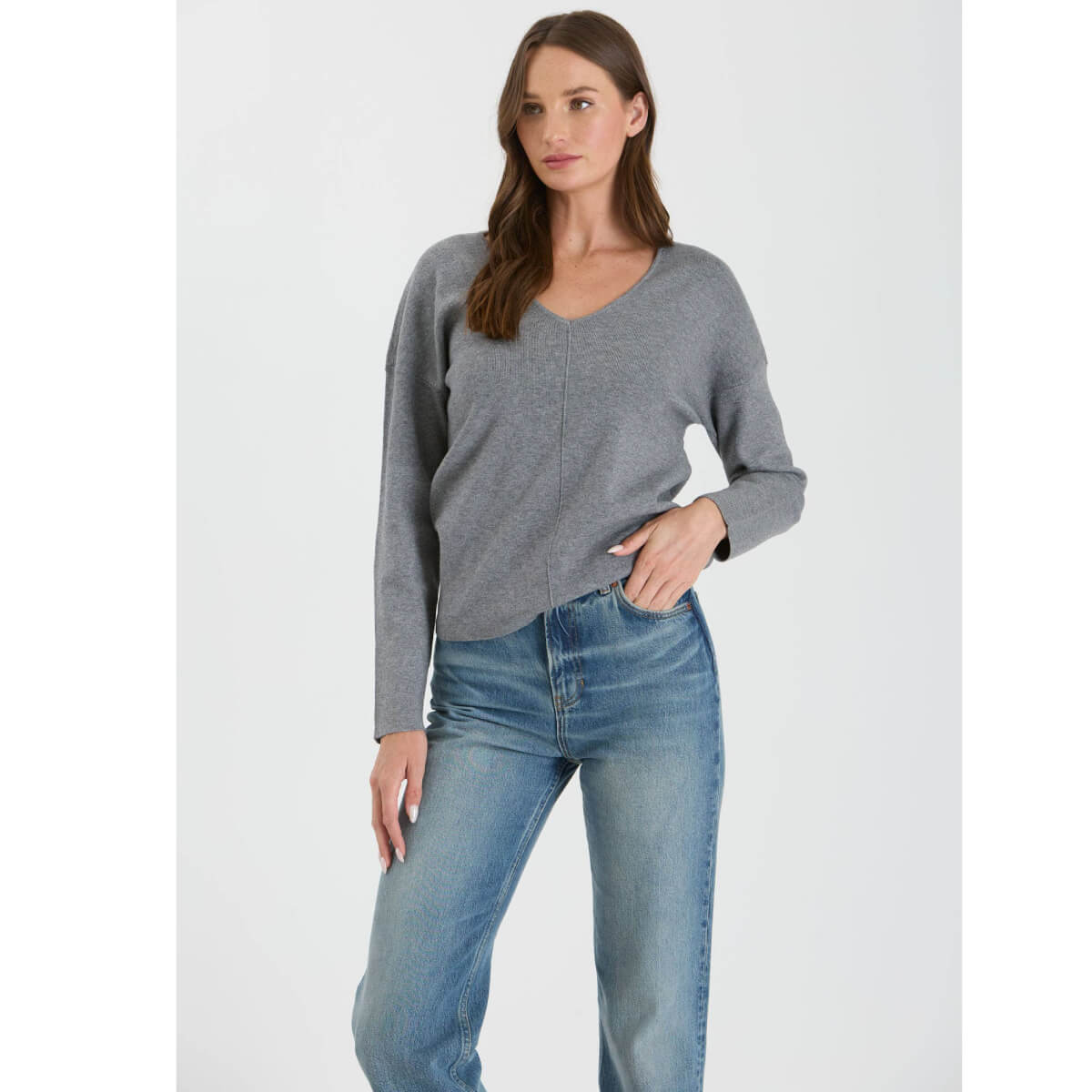 Solid V-Neck Front Seam Knit Sweater grey front | MILK MONEY milkmoney.co | cute tops for women. trendy tops for women. cute blouses for women. stylish tops for women. pretty womens tops.