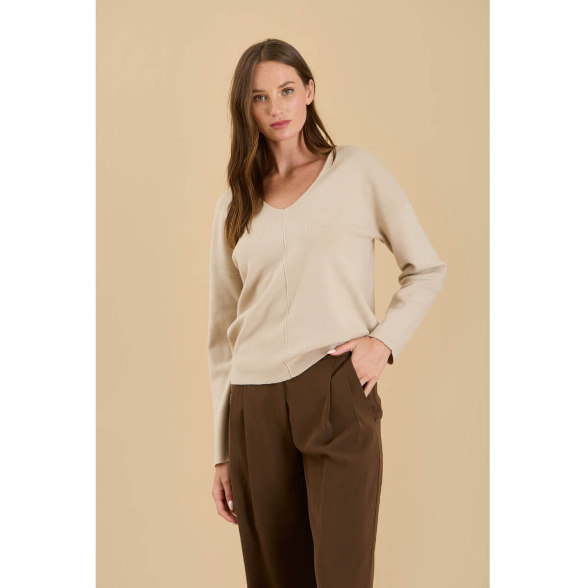 Solid V-Neck Front Seam Knit Sweater oatmeal front | MILK MONEY milkmoney.co | cute tops for women. trendy tops for women. cute blouses for women. stylish tops for women. pretty womens tops.