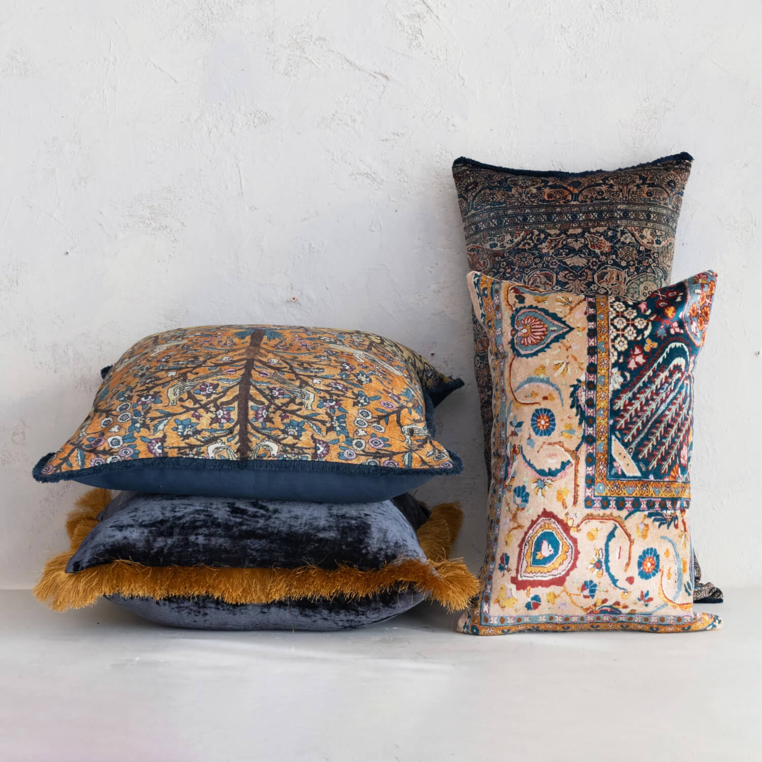 Square Velvet and Fringe Pillow navy gold group | MILK MONEY milkmoney.co | Home decor online, Modern home decor, Luxury home furnishings, Best home decor, Home accessories for sale, Living room furniture sets, Kitchen decor ideas, Wall art for home, Bathroom accessories, Vintage home decor, Minimalist home decor