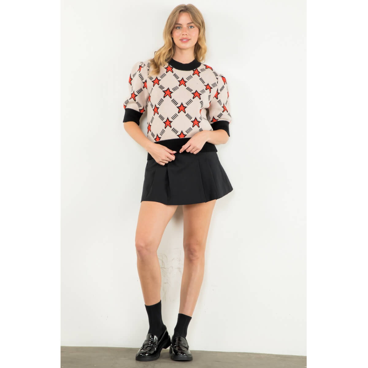 Star Print Short Sleeve Sweater Top cream front | MILK MONEY milkmoney.co | cute clothes for women. womens online clothing. trendy online clothing stores. womens casual clothing online. trendy clothes online. trendy women's clothing online. ladies online clothing stores. trendy women's clothing stores. cute female clothes.