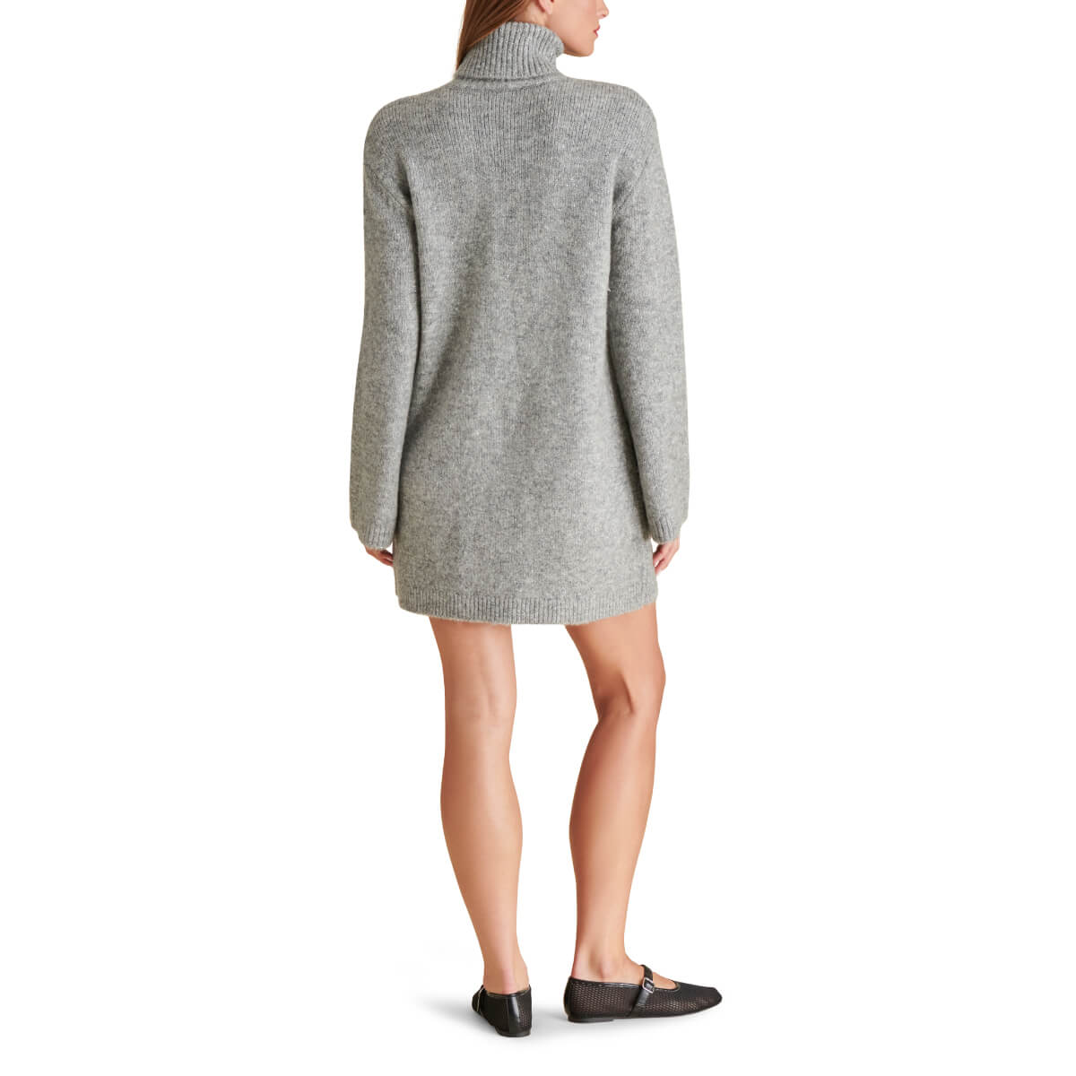 Steve Madden Abbie Metallic Knit Turtleneck Mini Sweater Dress gray back | MILK MONEY milkmoney.co | cute clothes for women. womens online clothing. trendy online clothing stores. womens casual clothing online. trendy clothes online. trendy women's clothing online. ladies online clothing stores. trendy women's clothing stores. cute female clothes.
