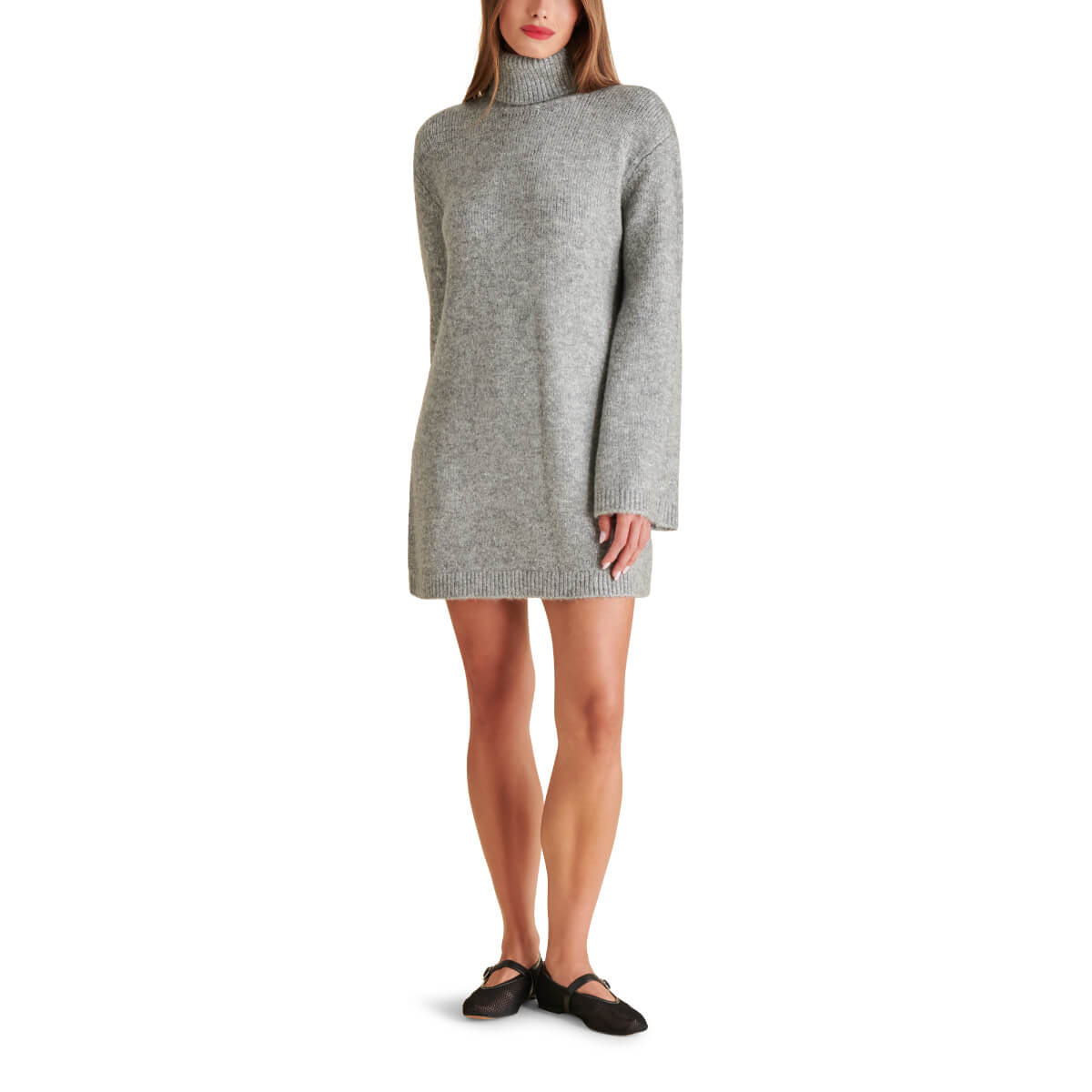 Steve Madden Abbie Metallic Knit Turtleneck Mini Sweater Dress gray front | MILK MONEY milkmoney.co | cute clothes for women. womens online clothing. trendy online clothing stores. womens casual clothing online. trendy clothes online. trendy women's clothing online. ladies online clothing stores. trendy women's clothing stores. cute female clothes.