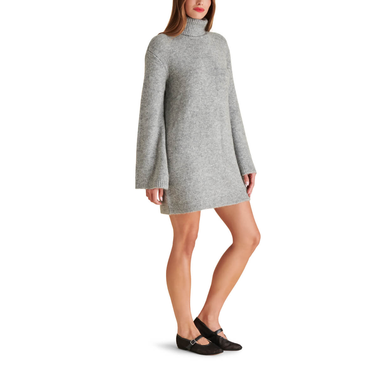 Steve Madden Abbie Metallic Knit Turtleneck Mini Sweater Dress gray front | MILK MONEY milkmoney.co | cute clothes for women. womens online clothing. trendy online clothing stores. womens casual clothing online. trendy clothes online. trendy women's clothing online. ladies online clothing stores. trendy women's clothing stores. cute female clothes.