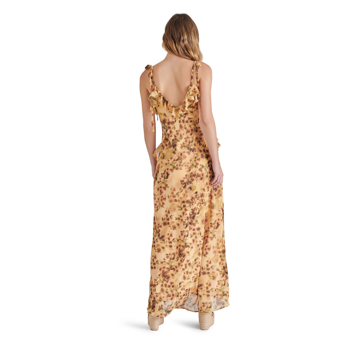 Steve Madden Adalina Maxi Ruffle Dress brown back | MILK MONEY milkmoney.co | cute clothes for women. womens online clothing. trendy online clothing stores. womens casual clothing online. trendy clothes online. trendy women's clothing online. ladies online clothing stores. trendy women's clothing stores. cute female clothes.