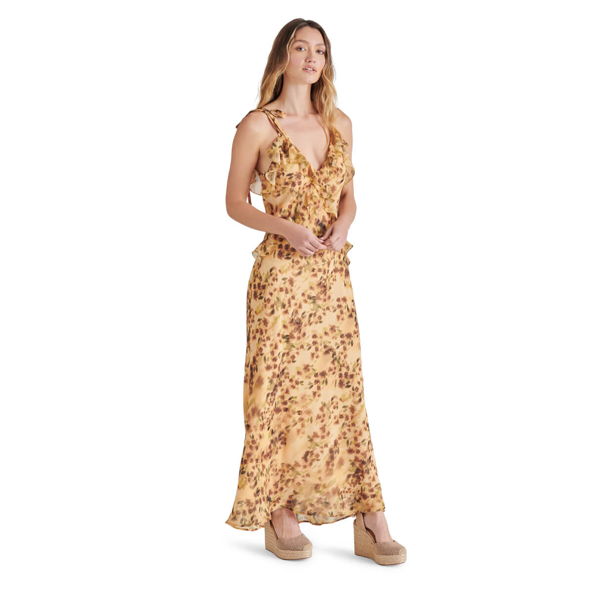 Steve Madden Adalina Maxi Ruffle Dress brown front | MILK MONEY milkmoney.co | cute clothes for women. womens online clothing. trendy online clothing stores. womens casual clothing online. trendy clothes online. trendy women's clothing online. ladies online clothing stores. trendy women's clothing stores. cute female clothes.