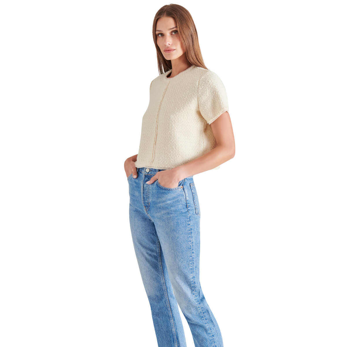 Steve Madden Addie Tweed Short Sleeve Top cream side | MILK MONEY milkmoney.co | cute tops for women. trendy tops for women. cute blouses for women. stylish tops for women. pretty womens tops.