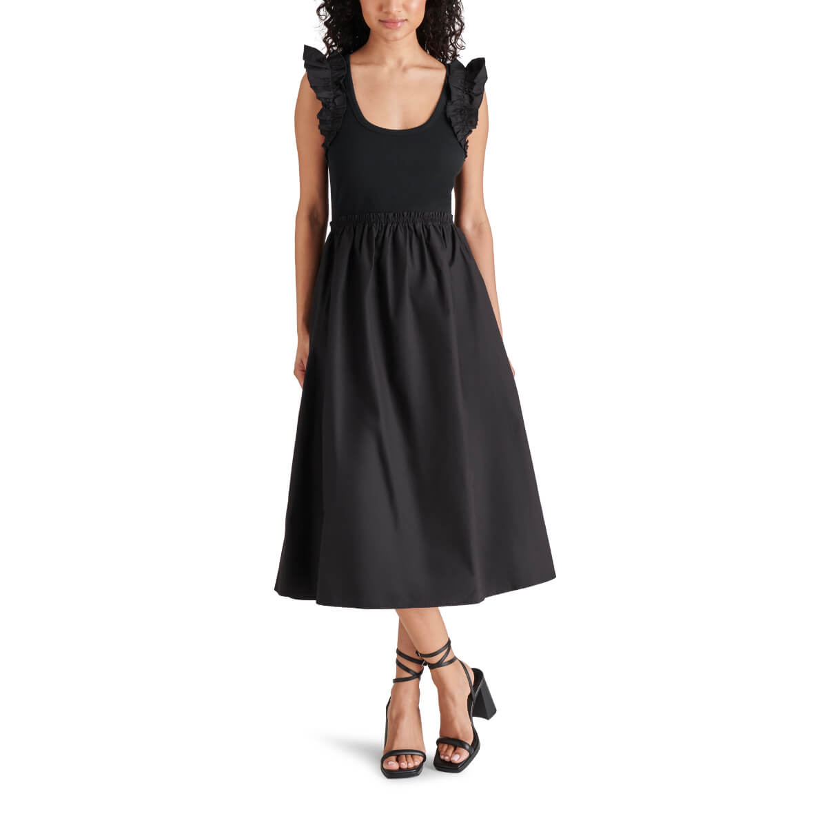 Steve Madden Adela Midi Flare Dress black front | MILK MONEY milkmoney.co | cute clothes for women. womens online clothing. trendy online clothing stores. womens casual clothing online. trendy clothes online. trendy women's clothing online. ladies online clothing stores. trendy women's clothing stores. cute female clothes.