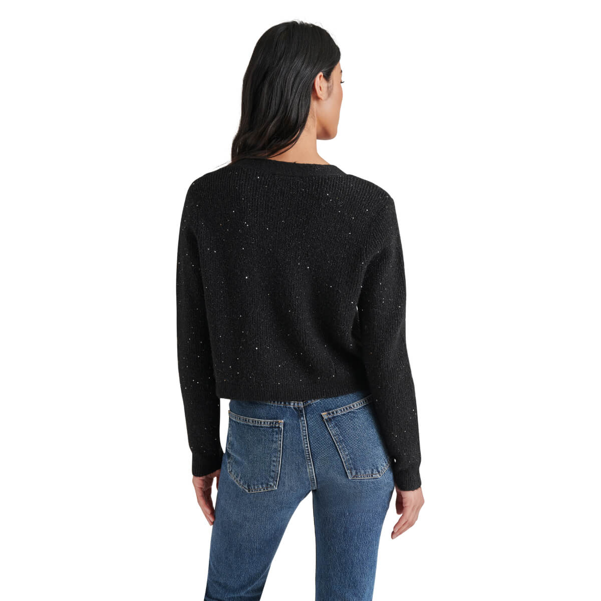 Steve Madden Aero Knit Sequin Button Front Cardigan black back | MILK MONEY milkmoney.co | cute clothes for women. womens online clothing. trendy online clothing stores. womens casual clothing online. trendy clothes online. trendy women's clothing online. ladies online clothing stores. trendy women's clothing stores. cute female clothes.