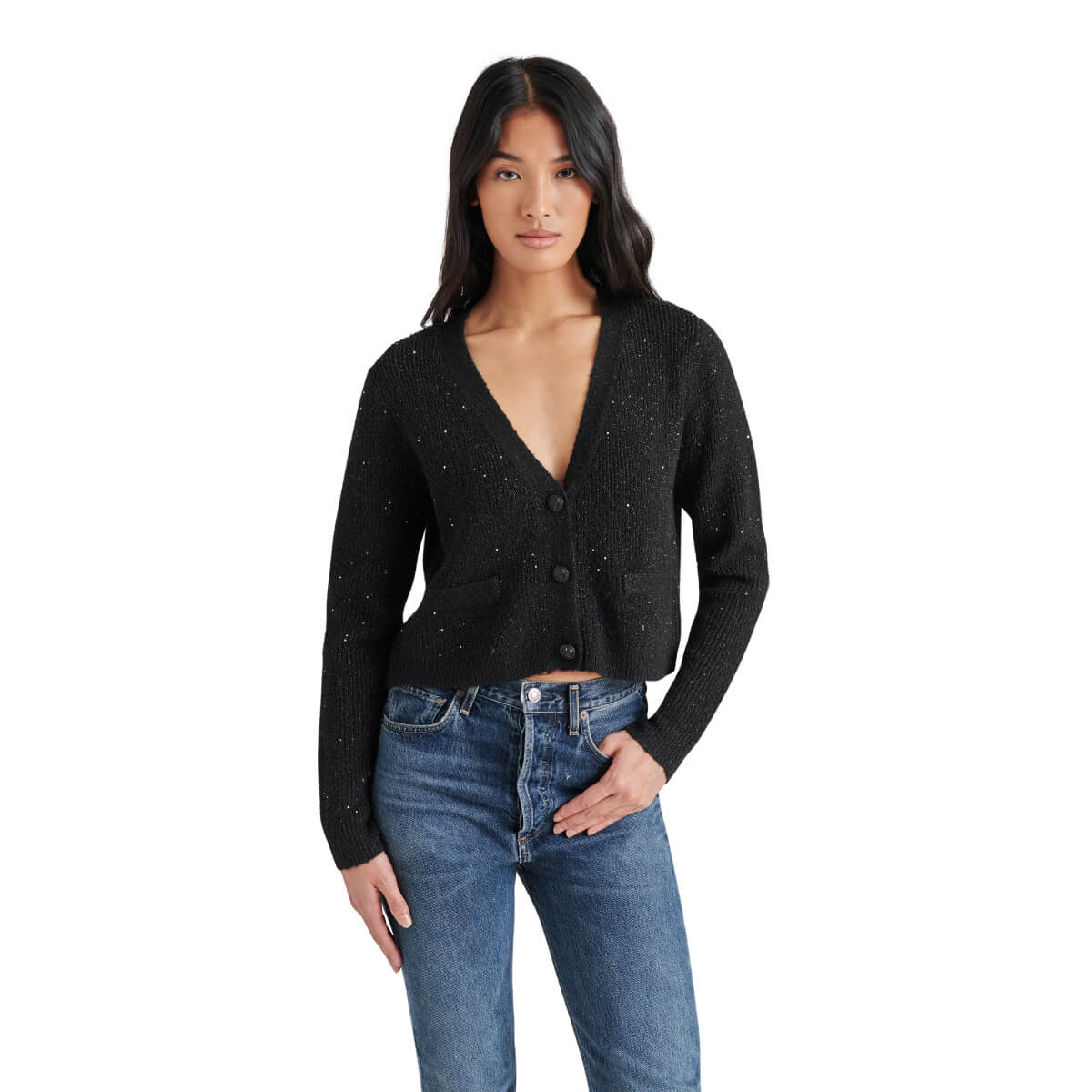 Steve Madden Aero Knit Sequin Button Front Cardigan black front | MILK MONEY milkmoney.co | cute clothes for women. womens online clothing. trendy online clothing stores. womens casual clothing online. trendy clothes online. trendy women's clothing online. ladies online clothing stores. trendy women's clothing stores. cute female clothes.