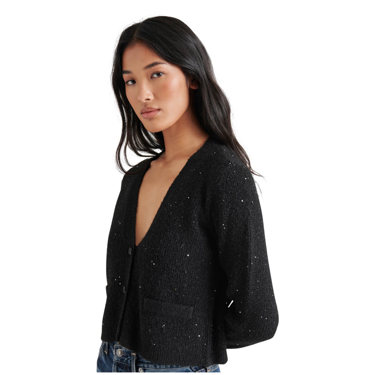 Steve Madden Aero Knit Sequin Button Front Cardigan black front | MILK MONEY milkmoney.co | cute clothes for women. womens online clothing. trendy online clothing stores. womens casual clothing online. trendy clothes online. trendy women's clothing online. ladies online clothing stores. trendy women's clothing stores. cute female clothes.