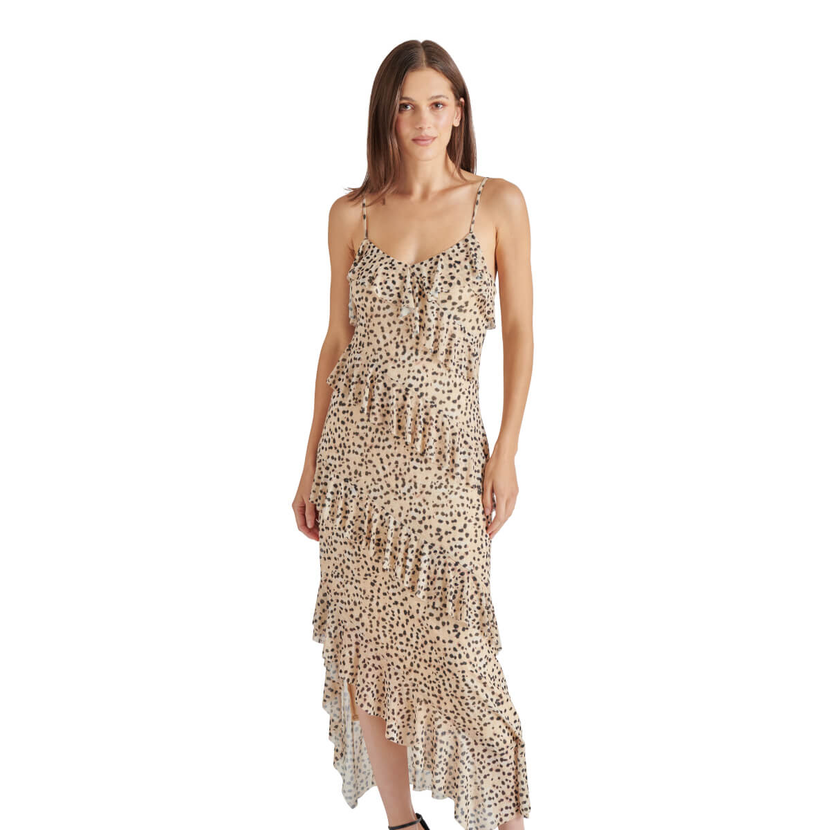 Steve Madden Aida Animal Print Ruffle Dress brown front | MILK MONEY milkmoney.co | cute clothes for women. womens online clothing. trendy online clothing stores. womens casual clothing online. trendy clothes online. trendy women's clothing online. ladies online clothing stores. trendy women's clothing stores. cute female clothes.