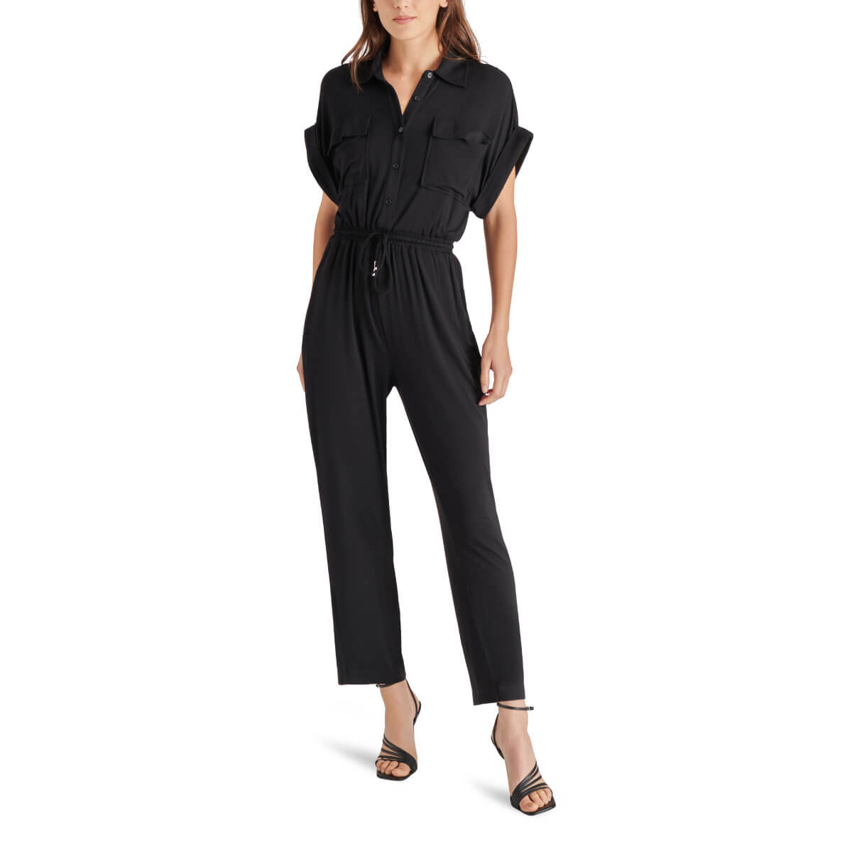 Steve Madden Alya Jumpsuit black front | MILK MONEY milkmoney.co | cute clothes for women. womens online clothing. trendy online clothing stores. womens casual clothing online. trendy clothes online. trendy women's clothing online. ladies online clothing stores. trendy women's clothing stores. cute female clothes.