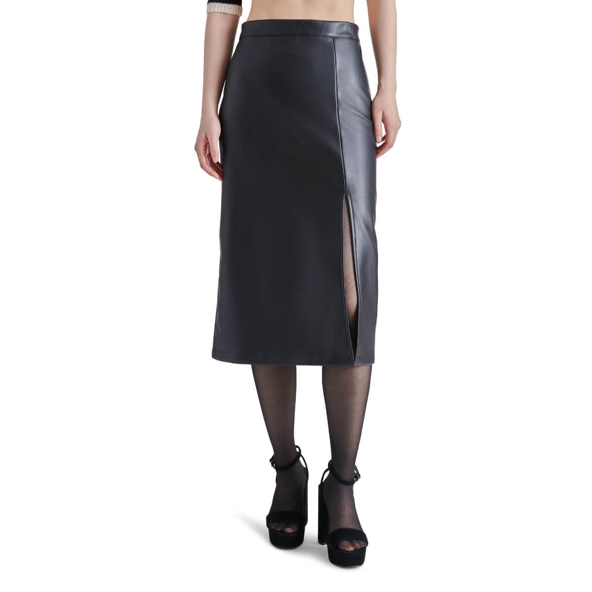 Steve Madden Amarilla Faux Leather Midi Skirt black front | MILK MONEY milkmoney.co | cute clothes for women. womens online clothing. trendy online clothing stores. womens casual clothing online. trendy clothes online. trendy women's clothing online. ladies online clothing stores. trendy women's clothing stores. cute female clothes.