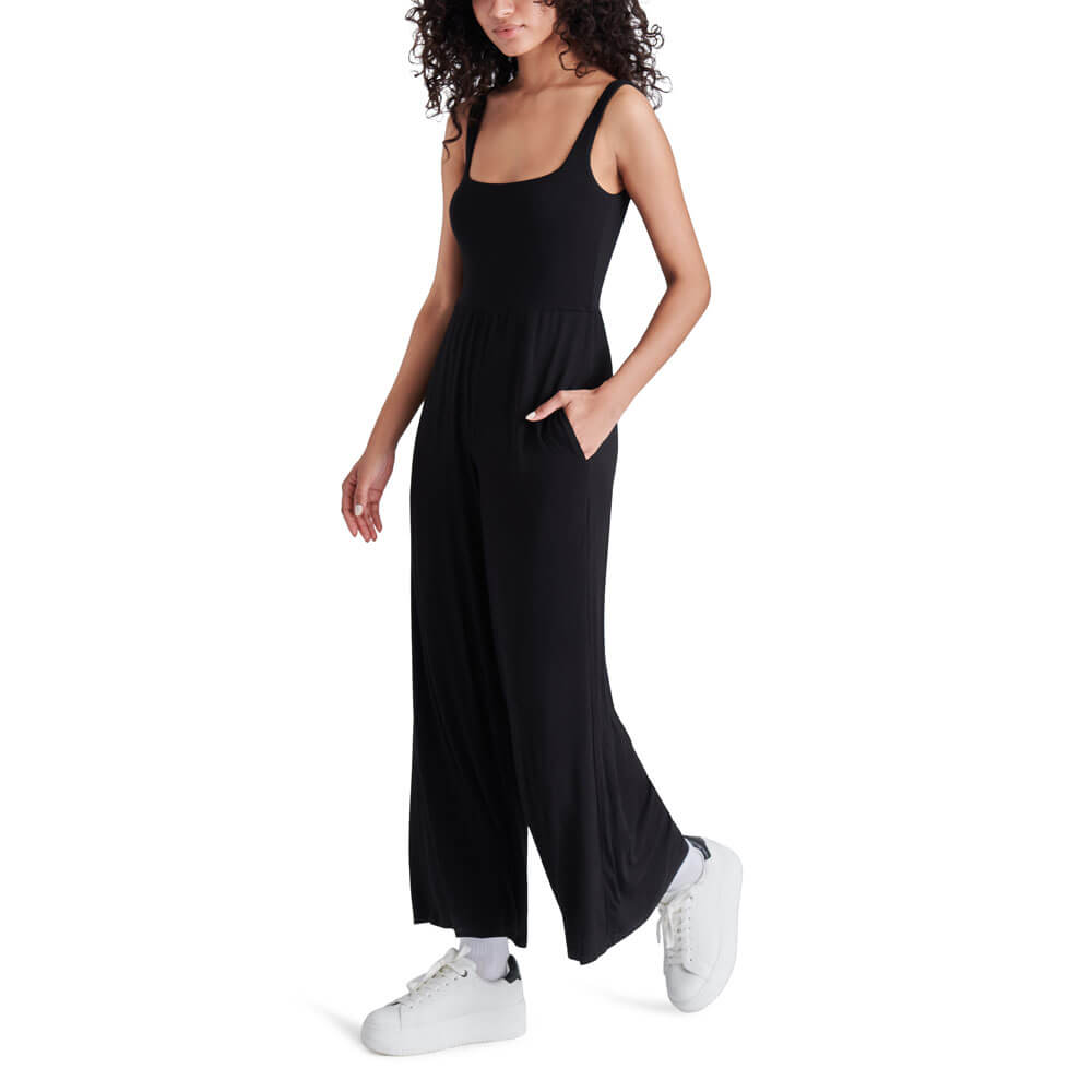 Steve Madden Amy Square Neck Wide Leg Jumpsuit black side | MILK MONEY milkmoney.co | cute clothes for women. womens online clothing. trendy online clothing stores. womens casual clothing online. trendy clothes online. trendy women's clothing online. ladies online clothing stores. trendy women's clothing stores. cute female clothes.