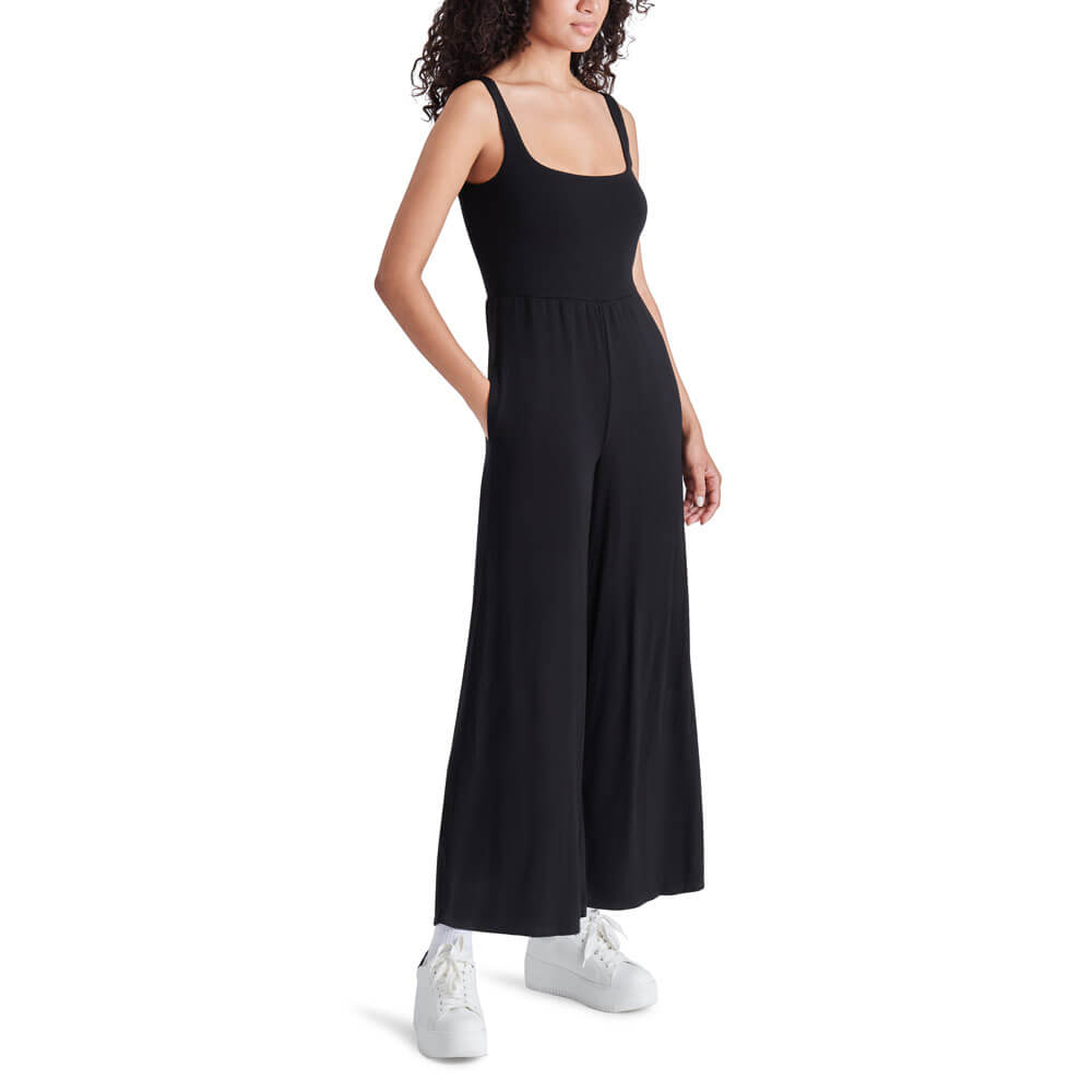 Steve Madden Amy Square Neck Wide Leg Jumpsuit black side | MILK MONEY milkmoney.co | cute clothes for women. womens online clothing. trendy online clothing stores. womens casual clothing online. trendy clothes online. trendy women's clothing online. ladies online clothing stores. trendy women's clothing stores. cute female clothes.
