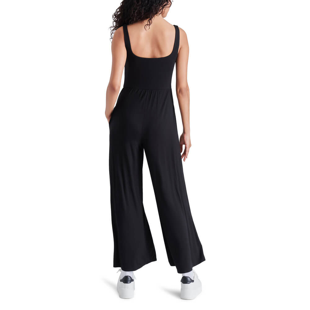 Steve Madden Amy Square Neck Wide Leg Jumpsuit black back | MILK MONEY milkmoney.co | cute clothes for women. womens online clothing. trendy online clothing stores. womens casual clothing online. trendy clothes online. trendy women's clothing online. ladies online clothing stores. trendy women's clothing stores. cute female clothes.