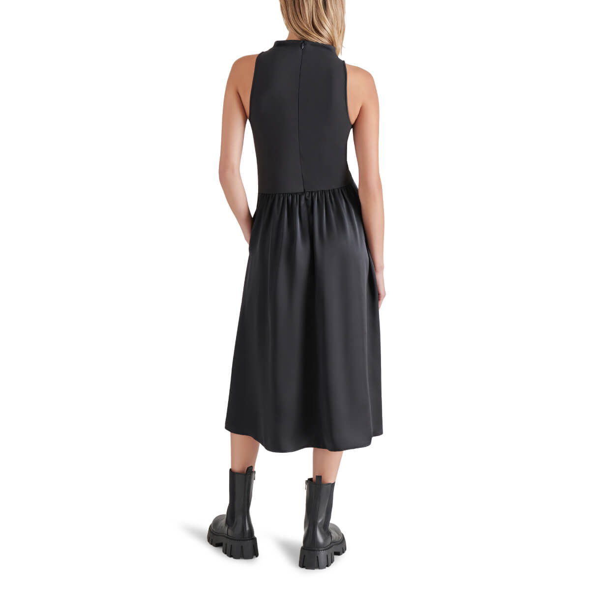 Steve Madden Aradia Mixed Media Midi Dress black back | MILK MONEY milkmoney.co | cute clothes for women. womens online clothing. trendy online clothing stores. womens casual clothing online. trendy clothes online. trendy women's clothing online. ladies online clothing stores. trendy women's clothing stores. cute female clothes.