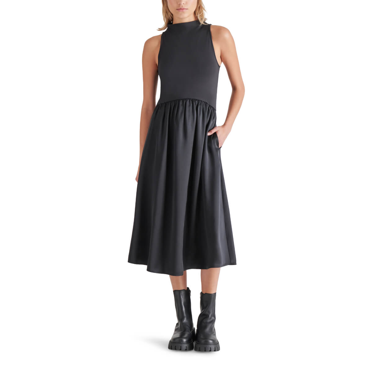 Steve Madden Aradia Mixed Media Midi Dress black front | MILK MONEY milkmoney.co | cute clothes for women. womens online clothing. trendy online clothing stores. womens casual clothing online. trendy clothes online. trendy women's clothing online. ladies online clothing stores. trendy women's clothing stores. cute female clothes.