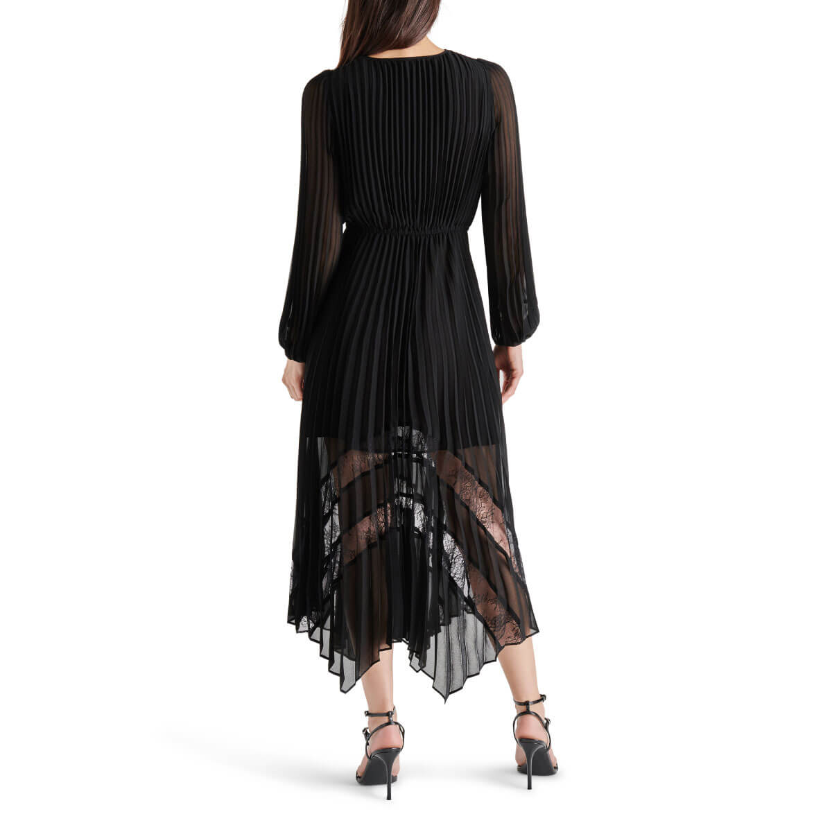 Steve Madden Ari Pleated Chiffon Midi Dress black back | MILK MONEY milkmoney.co | cute clothes for women. womens online clothing. trendy online clothing stores. womens casual clothing online. trendy clothes online. trendy women's clothing online. ladies online clothing stores. trendy women's clothing stores. cute female clothes.