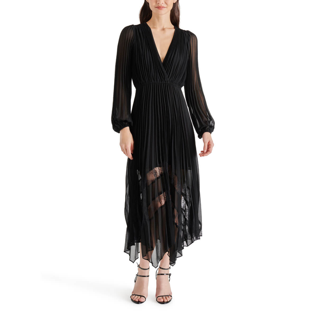 Steve Madden Ari Pleated Chiffon Midi Dress black front | MILK MONEY milkmoney.co | cute clothes for women. womens online clothing. trendy online clothing stores. womens casual clothing online. trendy clothes online. trendy women's clothing online. ladies online clothing stores. trendy women's clothing stores. cute female clothes.