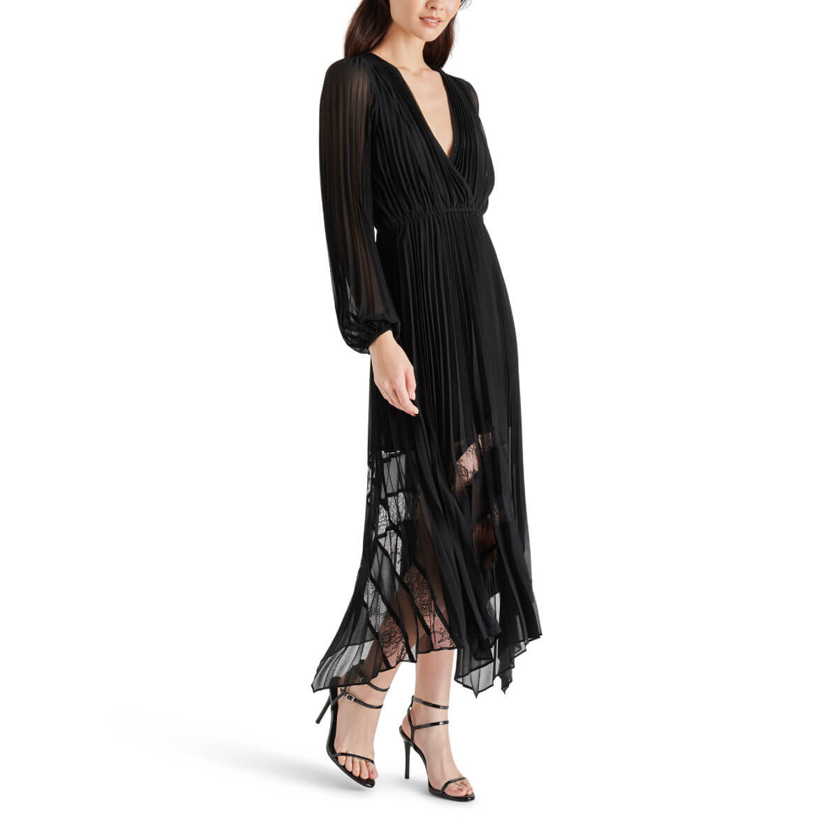 Steve Madden Ari Pleated Chiffon Midi Dress black side | MILK MONEY milkmoney.co | cute clothes for women. womens online clothing. trendy online clothing stores. womens casual clothing online. trendy clothes online. trendy women's clothing online. ladies online clothing stores. trendy women's clothing stores. cute female clothes.