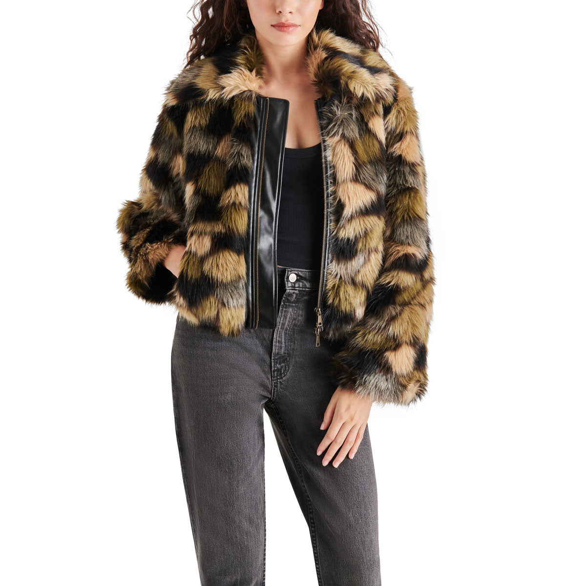 Steve Madden Arlowe Multi-Faux-Fur Jacket green front | MILK MONEY milkmoney.co | cute jackets for women. cute coats. cool jackets for women. stylish jackets for women. trendy jackets for women. trendy womens coats.