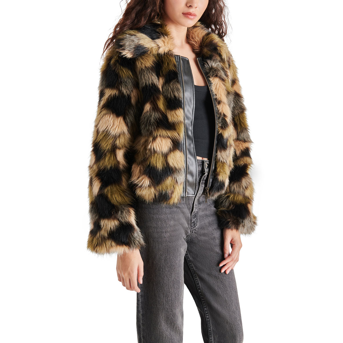 Steve Madden Arlowe Multi-Faux-Fur Jacket green side | MILK MONEY milkmoney.co | cute jackets for women. cute coats. cool jackets for women. stylish jackets for women. trendy jackets for women. trendy womens coats.