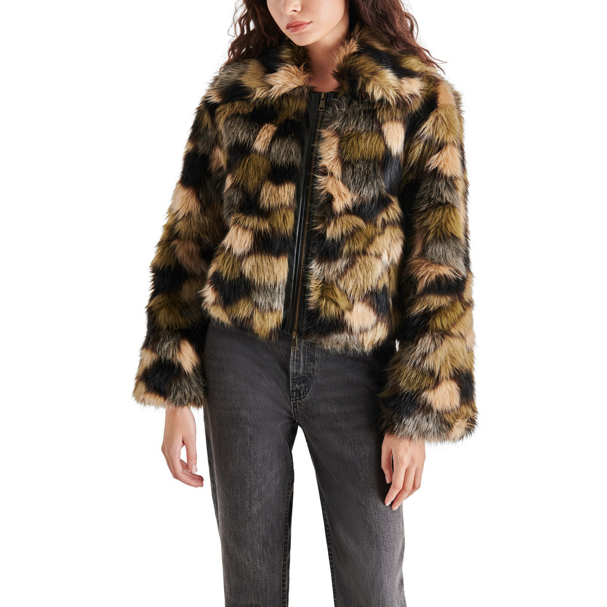 Steve Madden Arlowe Multi-Faux-Fur Jacket green front | MILK MONEY milkmoney.co | cute jackets for women. cute coats. cool jackets for women. stylish jackets for women. trendy jackets for women. trendy womens coats.