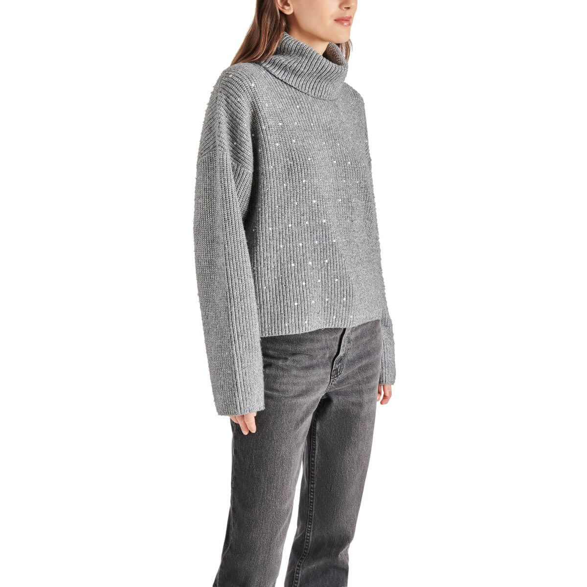 Steve Madden Astro Sequin Turtle Neck Sweater grey side | MILK MONEY milkmoney.co | cute sweaters for women, cute knit sweaters, cute pullover sweaters