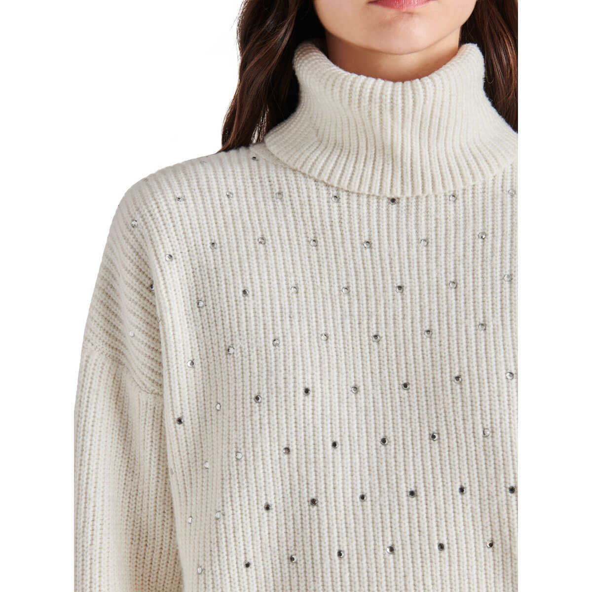 Steve Madden Astro Sequin Turtle Neck Sweater grey detail | MILK MONEY milkmoney.co | cute sweaters for women, cute knit sweaters, cute pullover sweaters