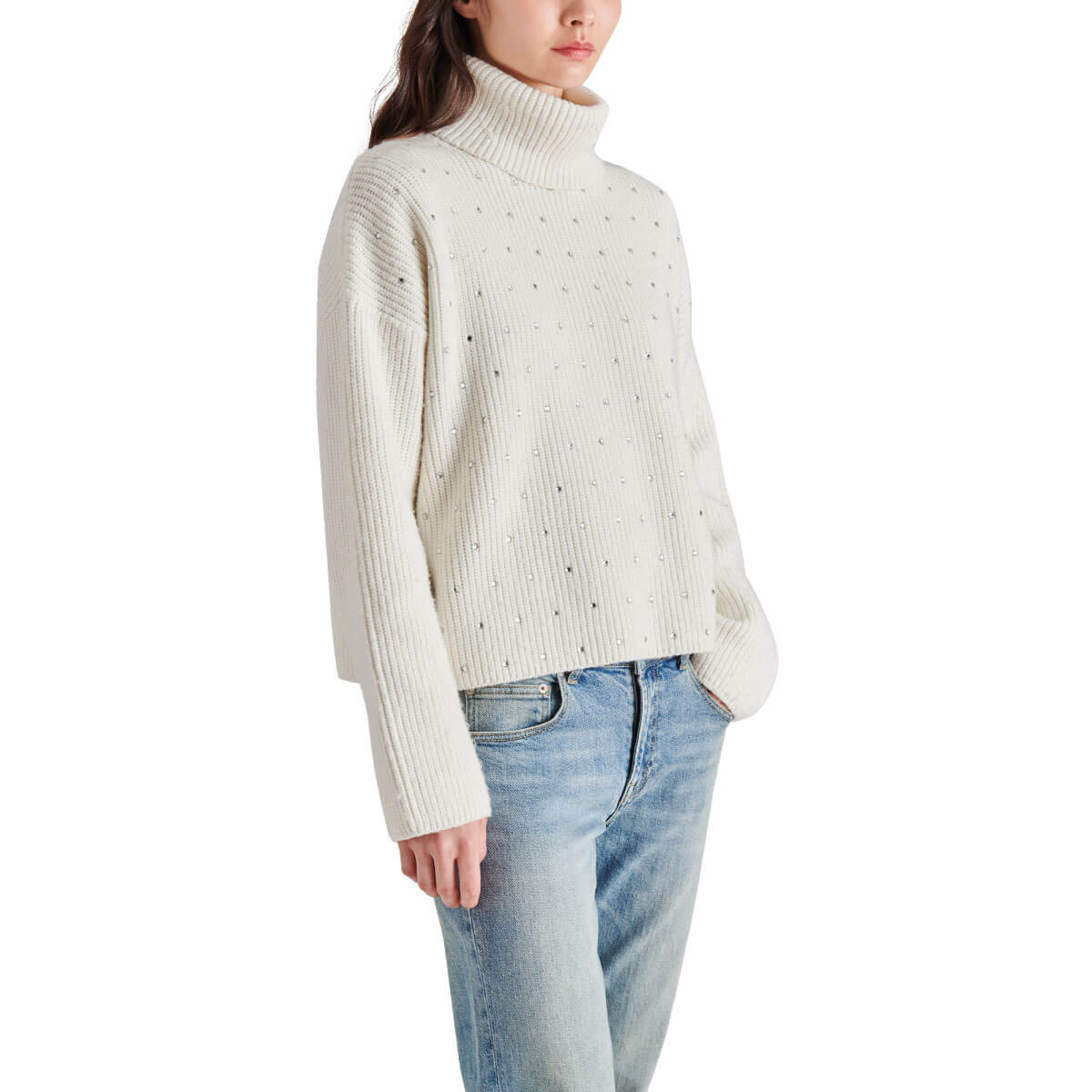 Steve Madden Astro Sequin Turtle Neck Sweater white side | MILK MONEY milkmoney.co | cute sweaters for women, cute knit sweaters, cute pullover sweaters