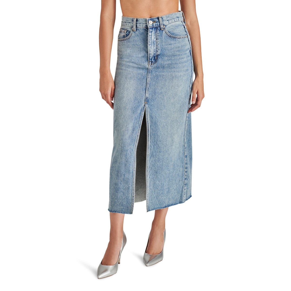 Steve Madden Avani Denim Skirt blue front | MILK MONEY milkmoney.co | cute clothes for women. womens online clothing. trendy online clothing stores. womens casual clothing online. trendy clothes online. trendy women's clothing online. ladies online clothing stores. trendy women's clothing stores. cute female clothes.