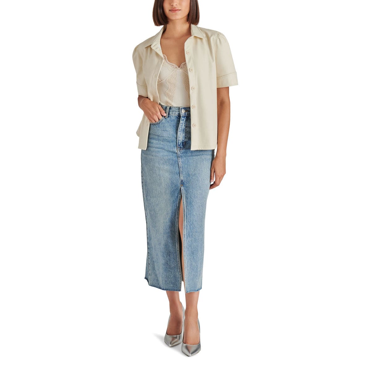 Steve Madden Avani Denim Skirt blue front | MILK MONEY milkmoney.co | cute clothes for women. womens online clothing. trendy online clothing stores. womens casual clothing online. trendy clothes online. trendy women's clothing online. ladies online clothing stores. trendy women's clothing stores. cute female clothes.