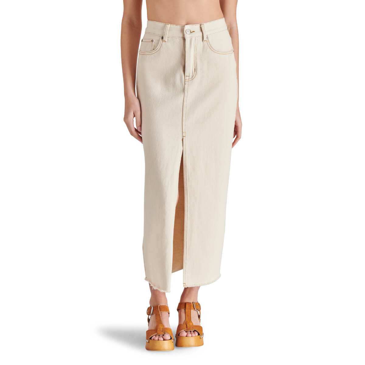 Steve Madden Avani Denim Skirt ivory front | MILK MONEY milkmoney.co | cute clothes for women. womens online clothing. trendy online clothing stores. womens casual clothing online. trendy clothes online. trendy women's clothing online. ladies online clothing stores. trendy women's clothing stores. cute female clothes.