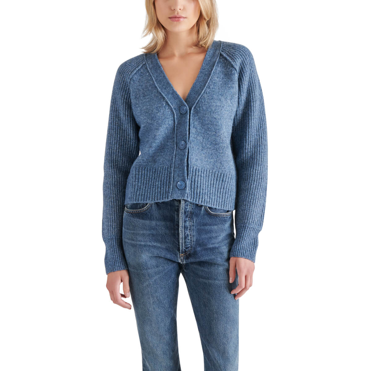 Steve Madden Beckie V-Neck Cardigan blue front | MILK MONEY milkmoney.co | cute tops for women. trendy tops for women. cute blouses for women. stylish tops for women. pretty womens tops.