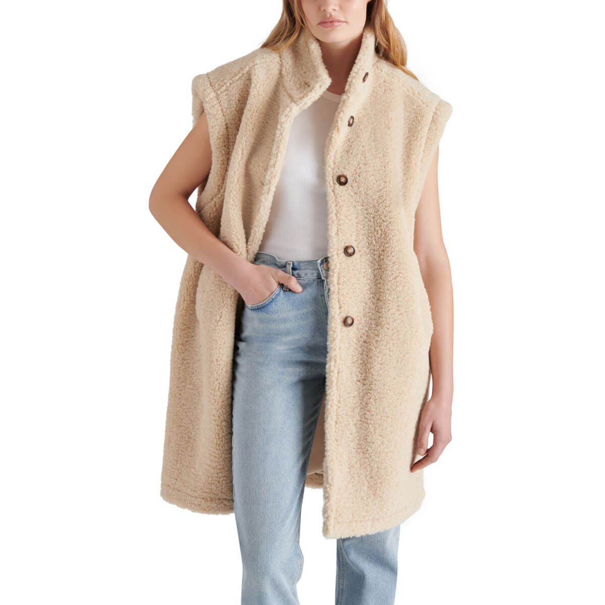 Steve Madden Benit Faux Shearling Vest beige front | MILK MONEY milkmoney.co | cute jackets for women. cute coats. cool jackets for women. stylish jackets for women. trendy jackets for women. trendy womens coats.