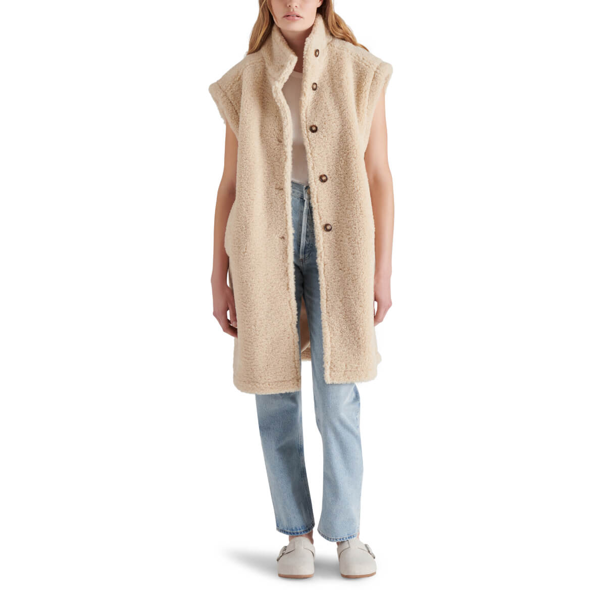 Steve Madden Benit Faux Shearling Vest beige front | MILK MONEY milkmoney.co | cute jackets for women. cute coats. cool jackets for women. stylish jackets for women. trendy jackets for women. trendy womens coats.
