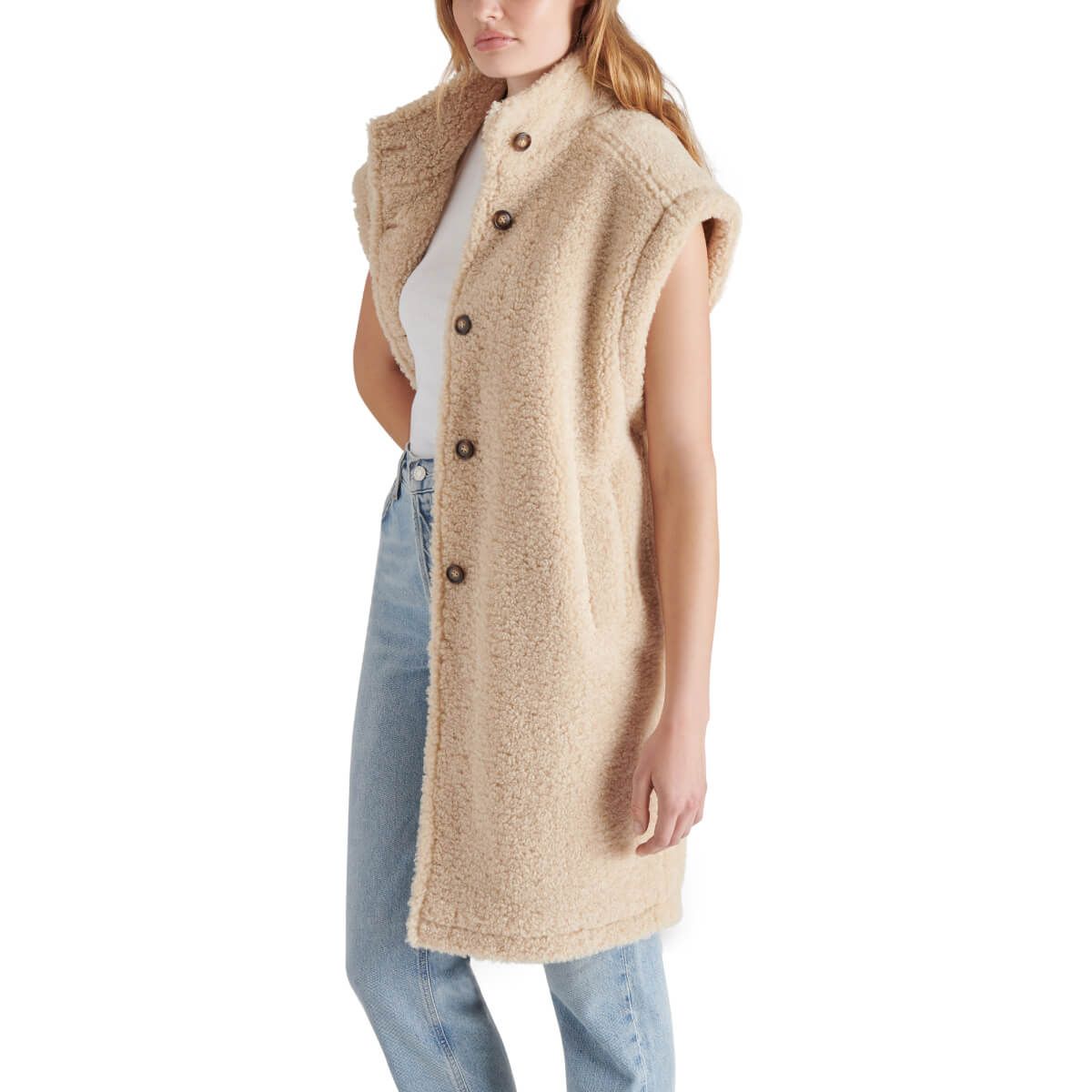 Steve Madden Benit Faux Shearling Vest beige side | MILK MONEY milkmoney.co | cute jackets for women. cute coats. cool jackets for women. stylish jackets for women. trendy jackets for women. trendy womens coats.