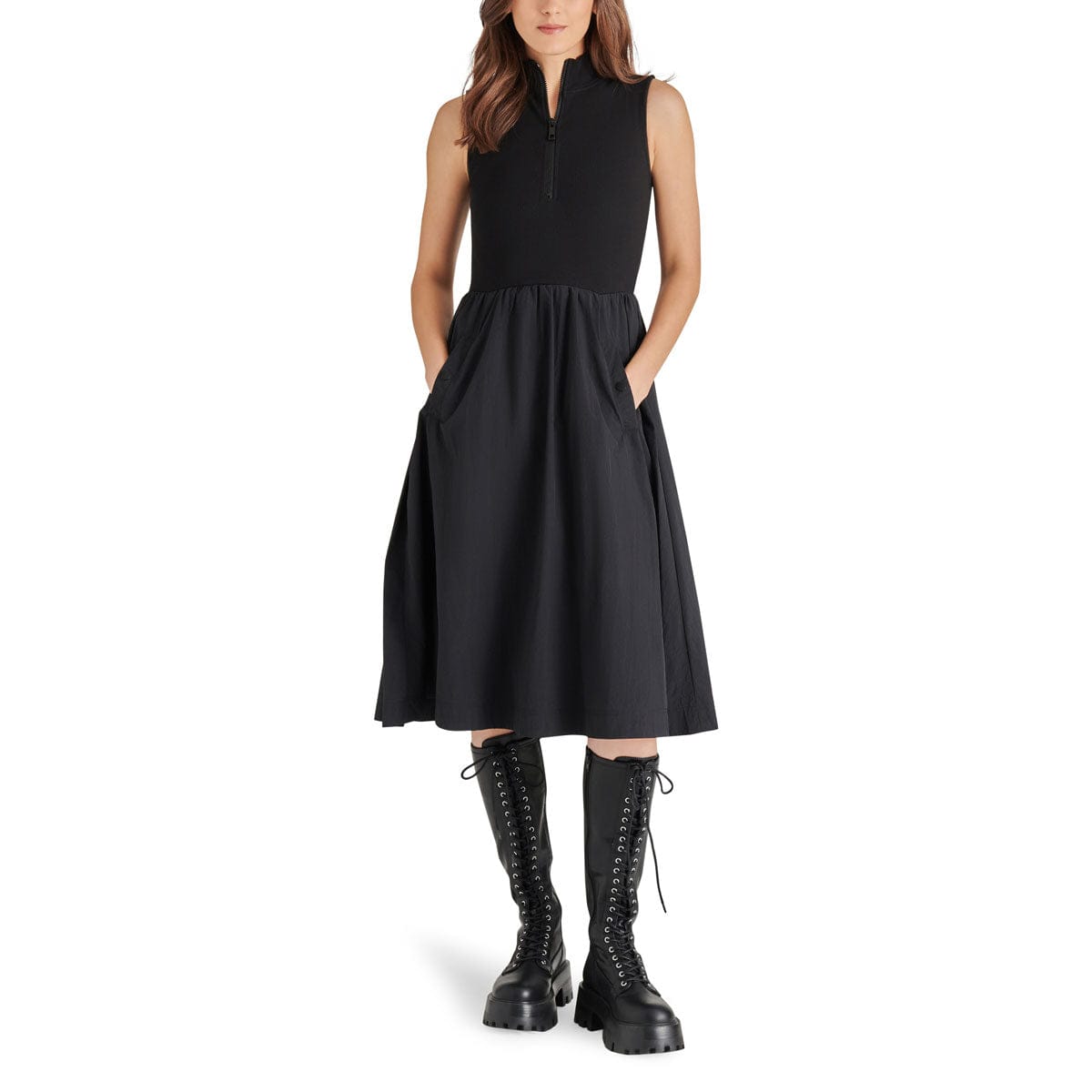 Steve Madden Berlin Sleeveless Half-Zip A-Line Dress black front | MILK MONEY milkmoney.co | cute clothes for women. womens online clothing. trendy online clothing stores. womens casual clothing online. trendy clothes online. trendy women's clothing online. ladies online clothing stores. trendy women's clothing stores. cute female clothes.