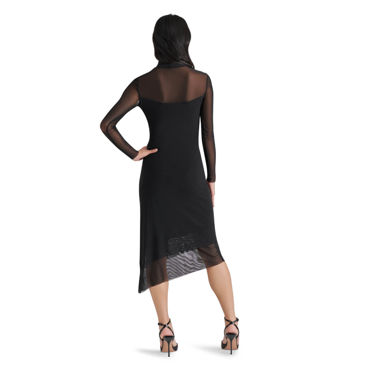 Steve Madden Blare Long Sleeve Mesh Midi Dress black back | MILK MONEY milkmoney.co | cute clothes for women. womens online clothing. trendy online clothing stores. womens casual clothing online. trendy clothes online. trendy women's clothing online. ladies online clothing stores. trendy women's clothing stores. cute female clothes.