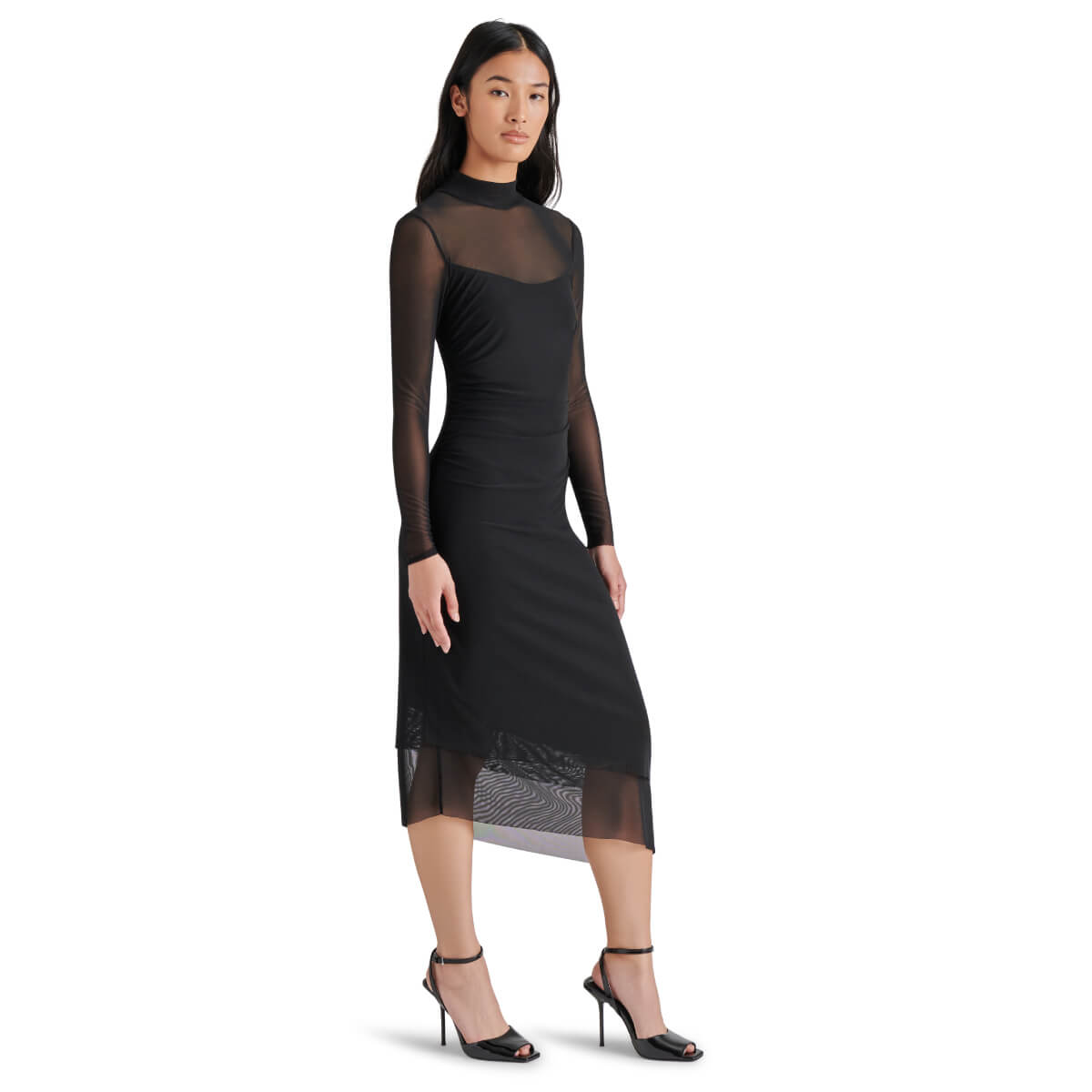 Steve Madden Blare Long Sleeve Mesh Midi Dress black side | MILK MONEY milkmoney.co | cute clothes for women. womens online clothing. trendy online clothing stores. womens casual clothing online. trendy clothes online. trendy women's clothing online. ladies online clothing stores. trendy women's clothing stores. cute female clothes.