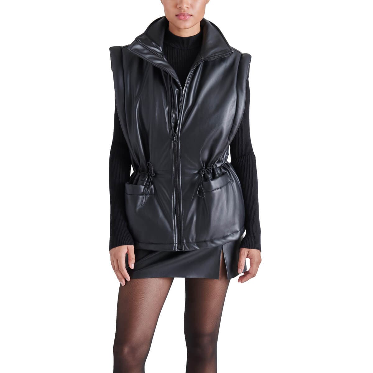 Steve Madden Celestina Faux Leather Vest black front | MILK MONEY milkmoney.co | cute clothes for women. womens online clothing. trendy online clothing stores. womens casual clothing online. trendy clothes online. trendy women's clothing online. ladies online clothing stores. trendy women's clothing stores. cute female clothes.